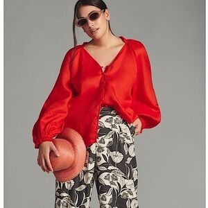Anthropologie 2X Audie Linen Puff Sleeve Blouse in red Maeve